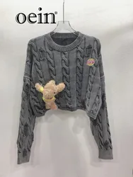 [oein] 2024 Women  Autumn New Three-dimensional Teddy Bear Doll Embroidered Letters Long Sleeved Sweater Short Loose Slimming