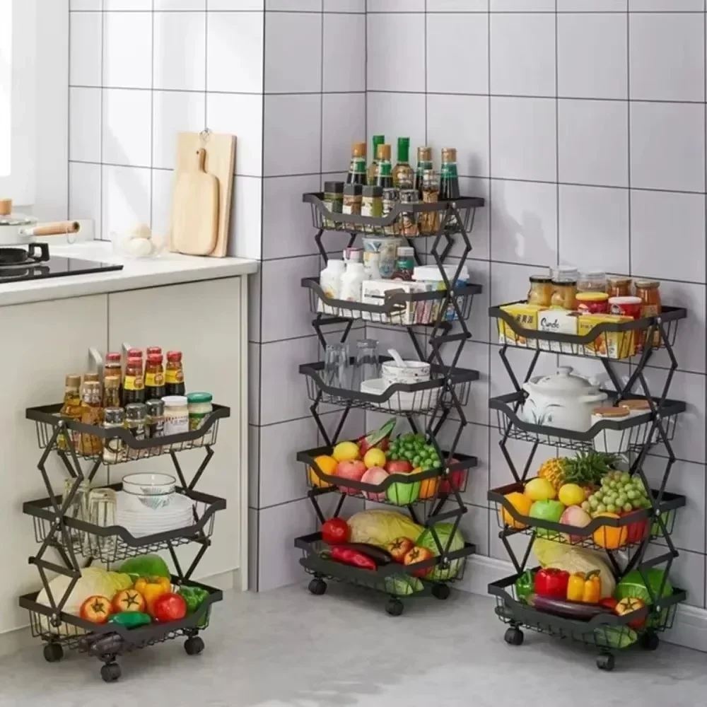 Stackable Fruit Basket Floor-Mounted Vegetable Rack Metal Folding Storage Pulley Trolley Cart Multi-Layer Movable Kitchen Shelf