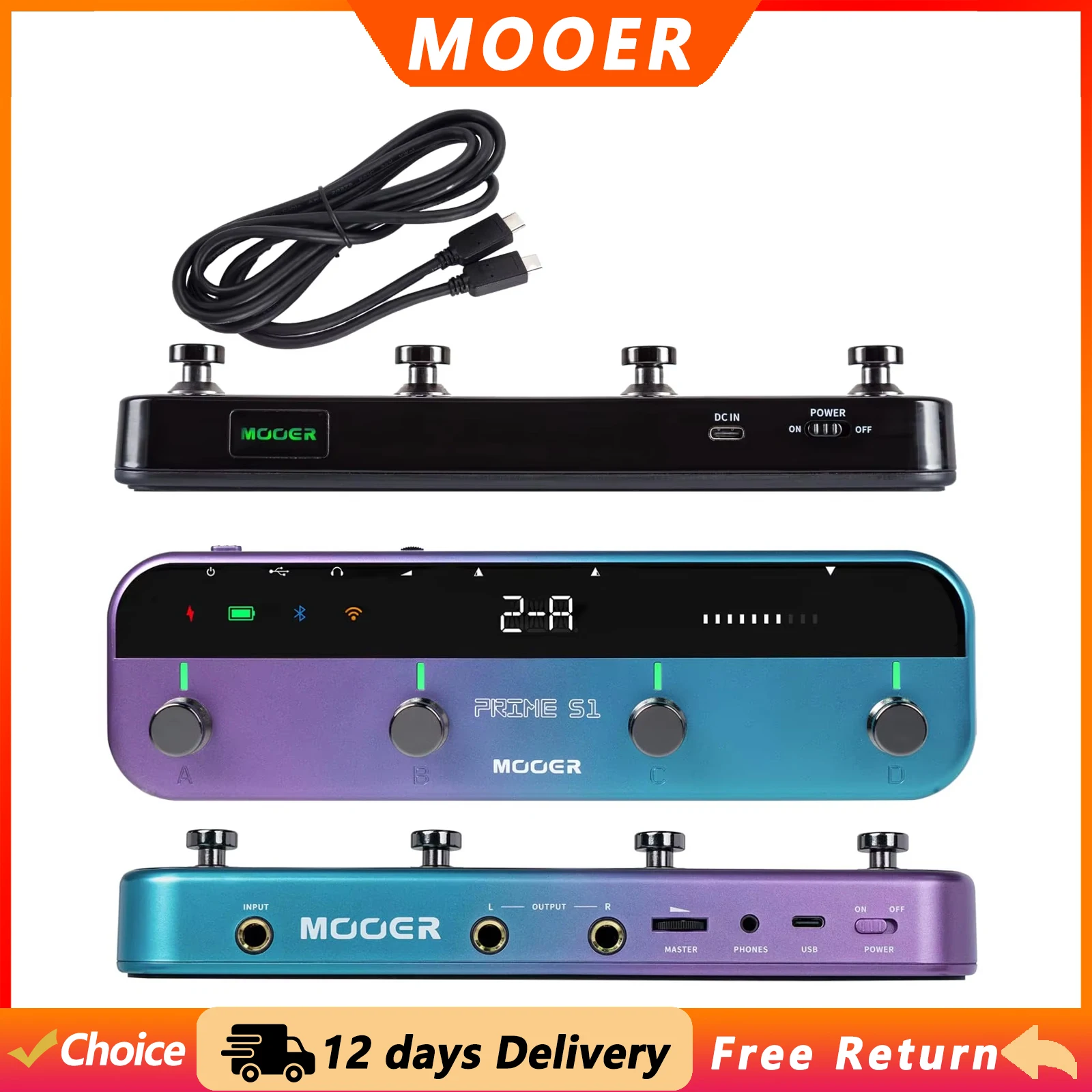 MOOER Prime S1 Guitar Multi-Effect Pedal Rechargeable 128 Effects Drum Machine Tuner 80s Looper Guitar Pedal with Bluetooth