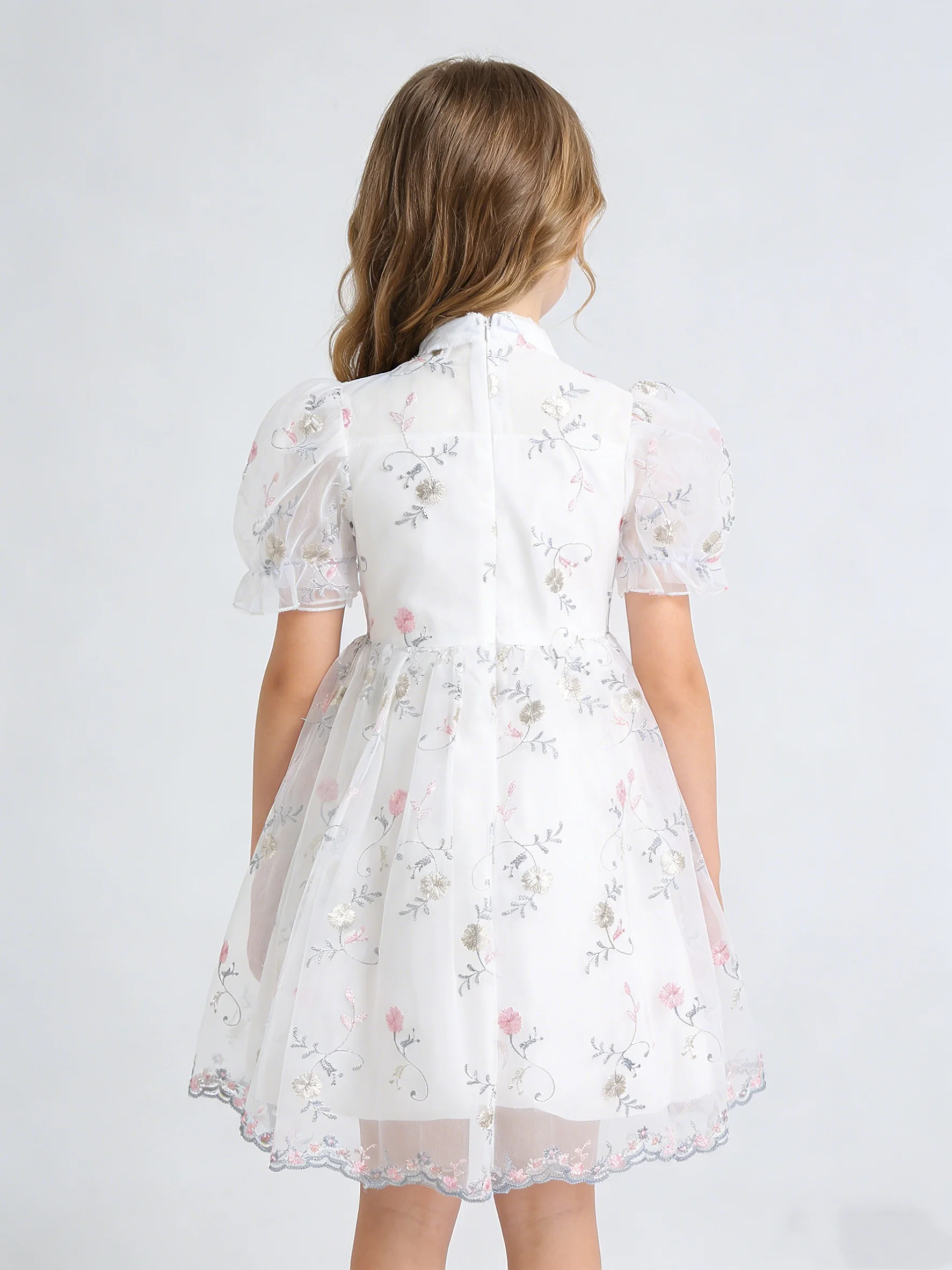 Spring And Summer Girls Flower Embroidery Princess Sleeves Sweet And Cute Hosting Banquet Mesh Dress