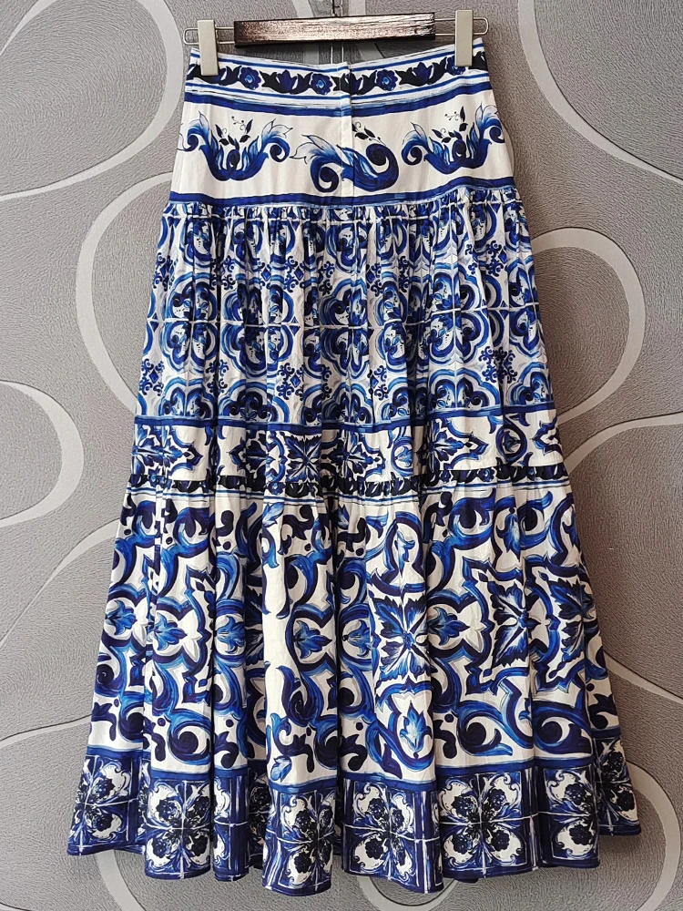 SEQINYY 100% Cotton Skirt Summer Spring New Fashion Design Women Runway High Quality Dark Blue Flowers Print