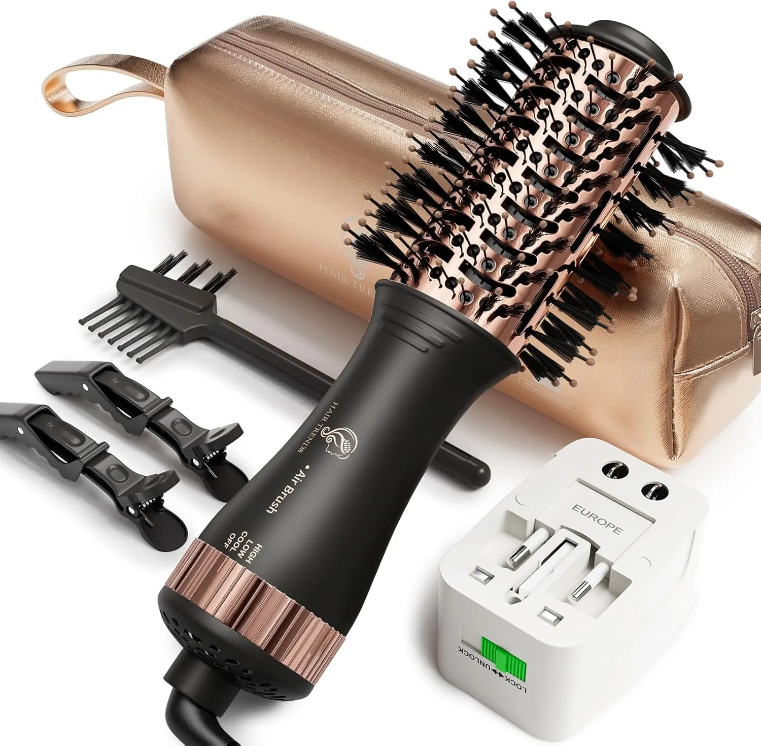 

110-240V Travel Hair Dryer Brush, 4-in-1 Styler with Universal Adapter for Drying Straightening Curling Volumizing