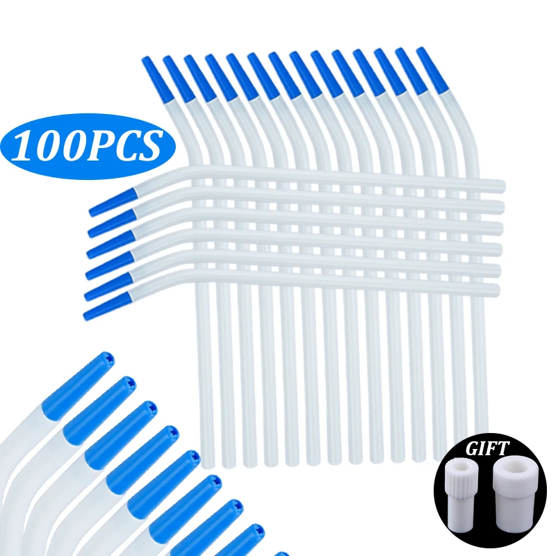 100Pcs Disposable Long Slim Dental Saliva Ejector Suction Tips Tube with Straw Adapters Surgical Aspiration Tips