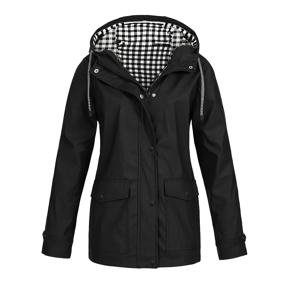 

Ladies' Solid Color Fashionable Casual Pocket Button Waterproof Hooded Jacket