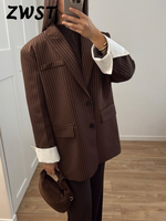 Casual Stripe Loose Blazer Women Long Sleeve Contrast Lapel Single Breasted Jacket Female 2025 Summer Fall Fake Pocket Coat Lady