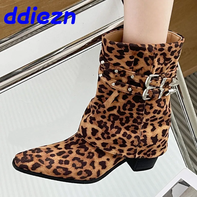 Fashion Metal Women Ankle Boots Leopard Print Footwear With Square Heels Shoes Pointed Toe Ladies Short Booties Zippers Shoes