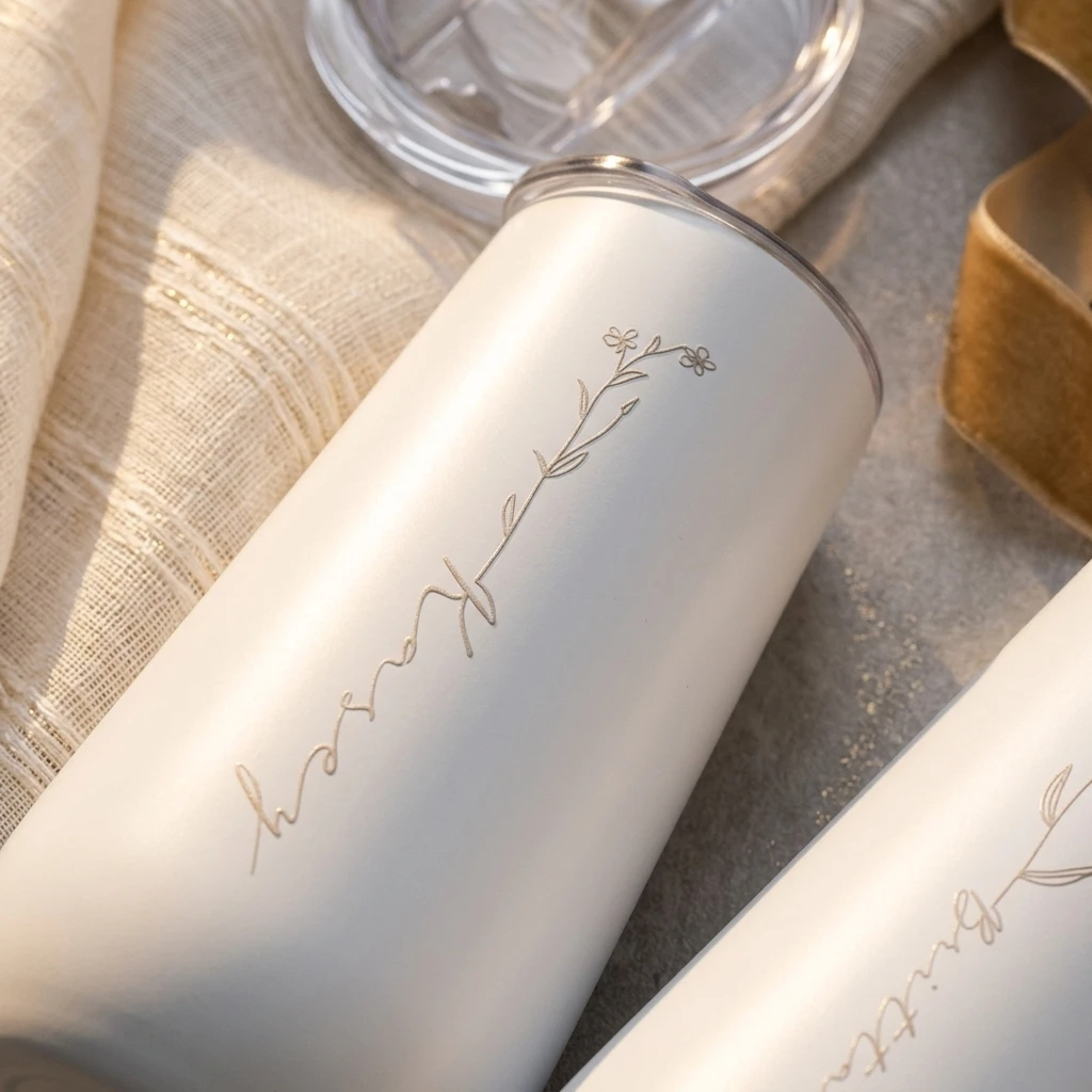 Custom Name Stemless Champagne Tumbler, Simple Wildflower Line Drawing Stainless Steel Wine Cup Birthday Gift for Women Her.
