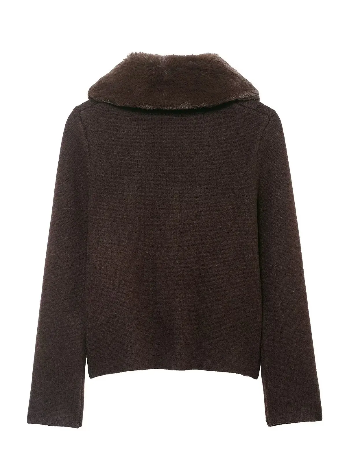 Fashionable Short Knitted Sweater Women's Single Button Plaid Fur Collar Jacket Polyester Fiber Long Sleeve Winter Outerwear