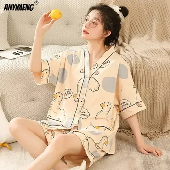 Elizabeth Duck M-5XL 여성 코튼 잠옷 여름 기모노 스타일 카디건 잠옷 한국 Pijamas 플러스 사이즈 Nightwear Shorts Pjs