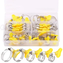40pcs box-packed 8-29mm Adjustable Yellow Plastic Handle Hand Twist Hose Clamps Worm Driving Stainless steel Pipe Clips For Tube