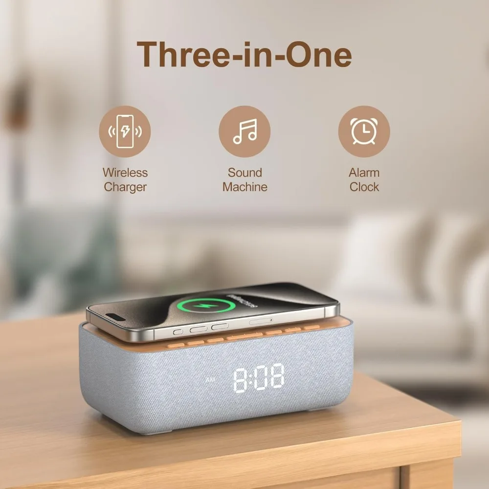ساعة منبه شحن لاسلكية مغناطيسية سريعة 15 وات مع آلة ضوضاء بيضاء، 20 صوتًا، شاشة قابلة للتعتيم لغرفة النوم والمكتب #2