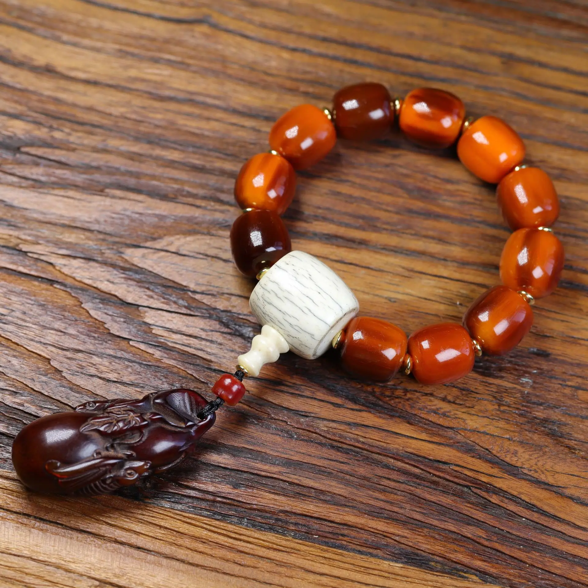 Mountain Tortoise Armour Bucket Bead Bracelet Holding Cane Pattern Gold Armour Cow Bone Cow Horn Blessing of Life