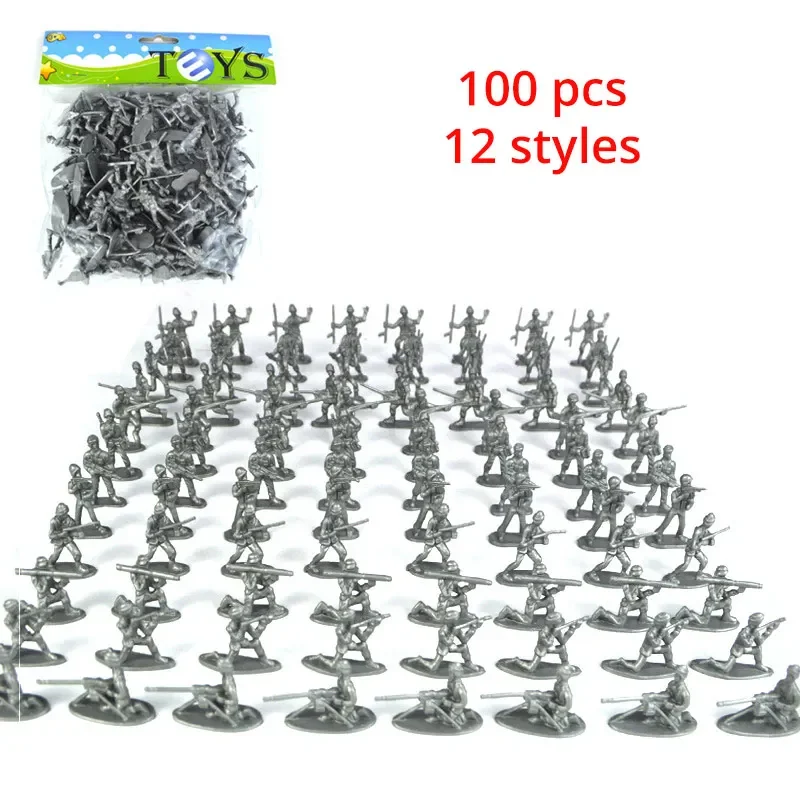 Mini figuras militares com suporte, soldado do exército, força de guerra, modelo estático, brinquedos da velha escola, presente para crianças e adultos, 12 estilos, 100 peças por conjunto