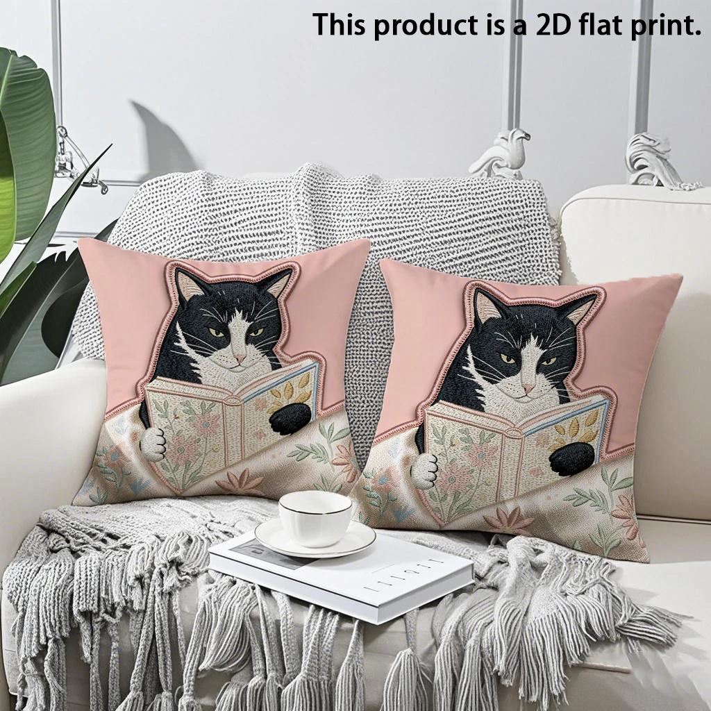 2pcs Vintage Reading Black Cat Throw Pillow Covers Cute Book Lover Cat Cushion Cases for Sofa Bedroom Living Room Decor