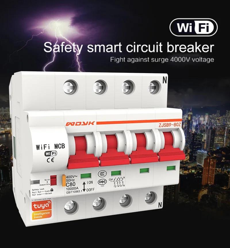 1P/2P/3P/4P WiFi Smart Circuit Breaker 16A-125A Automatic Switch Overload Short Circuit Protection Work With Alexa Tuya App