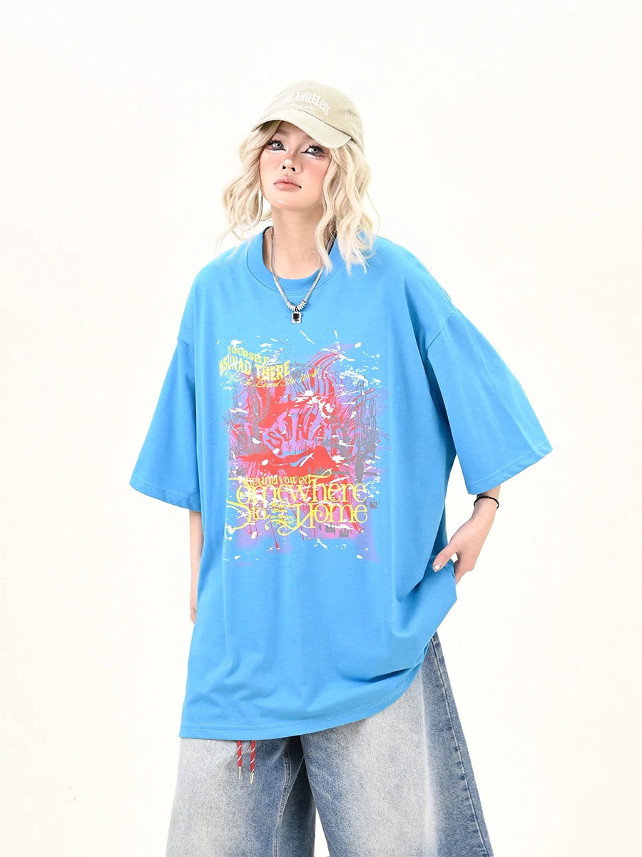 

Синяя женская футболка свободного кроя в американском уличном стиле, ретро-топ, модная летняя новинка, без проблем с пошивом.