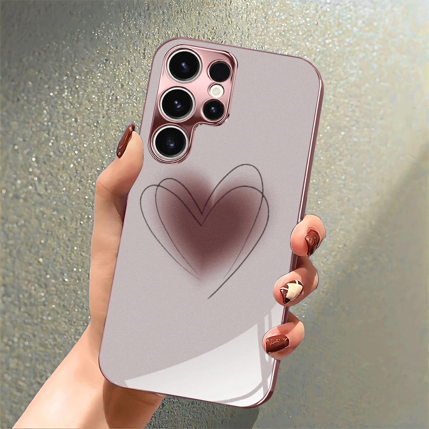 Simple Heart-shaped Pattern Pink Electroplated Glass Phone Case,Suitable for Samsung S26/S25/S24/S23/S22/S21/S20and other models