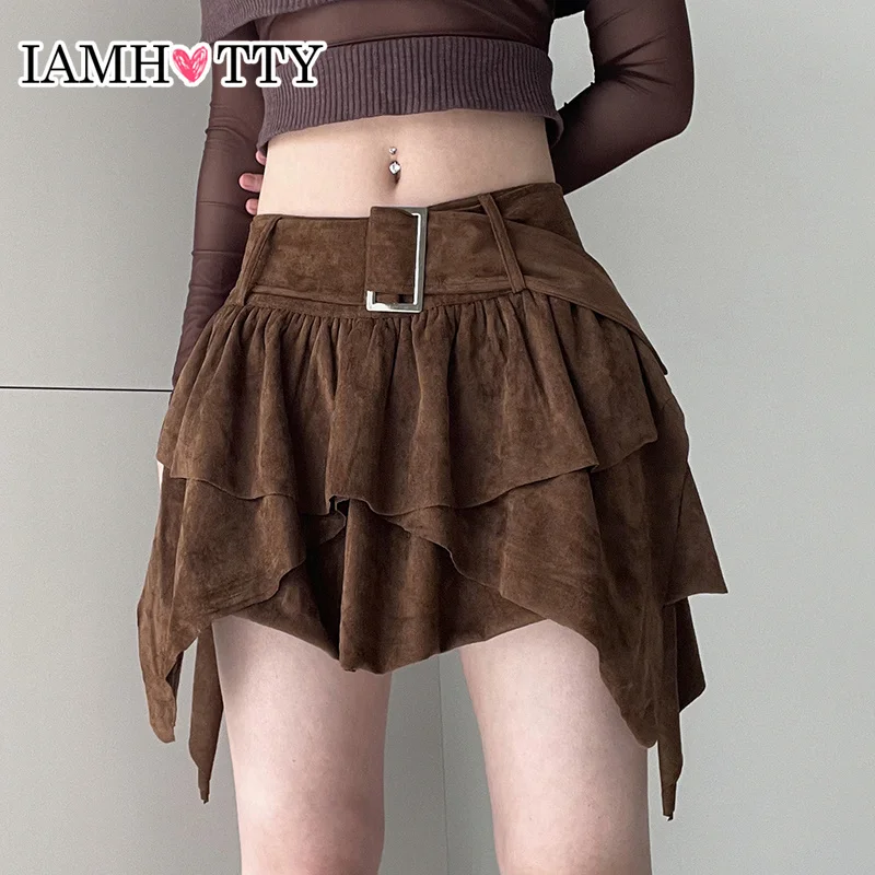 

IAMHOTTY Suede Asymmetrical Multi Layer Mini Skirt with belt 2 Piece Set Brown Vintage Grunge Slim Streetwear Korean Skirts 2023