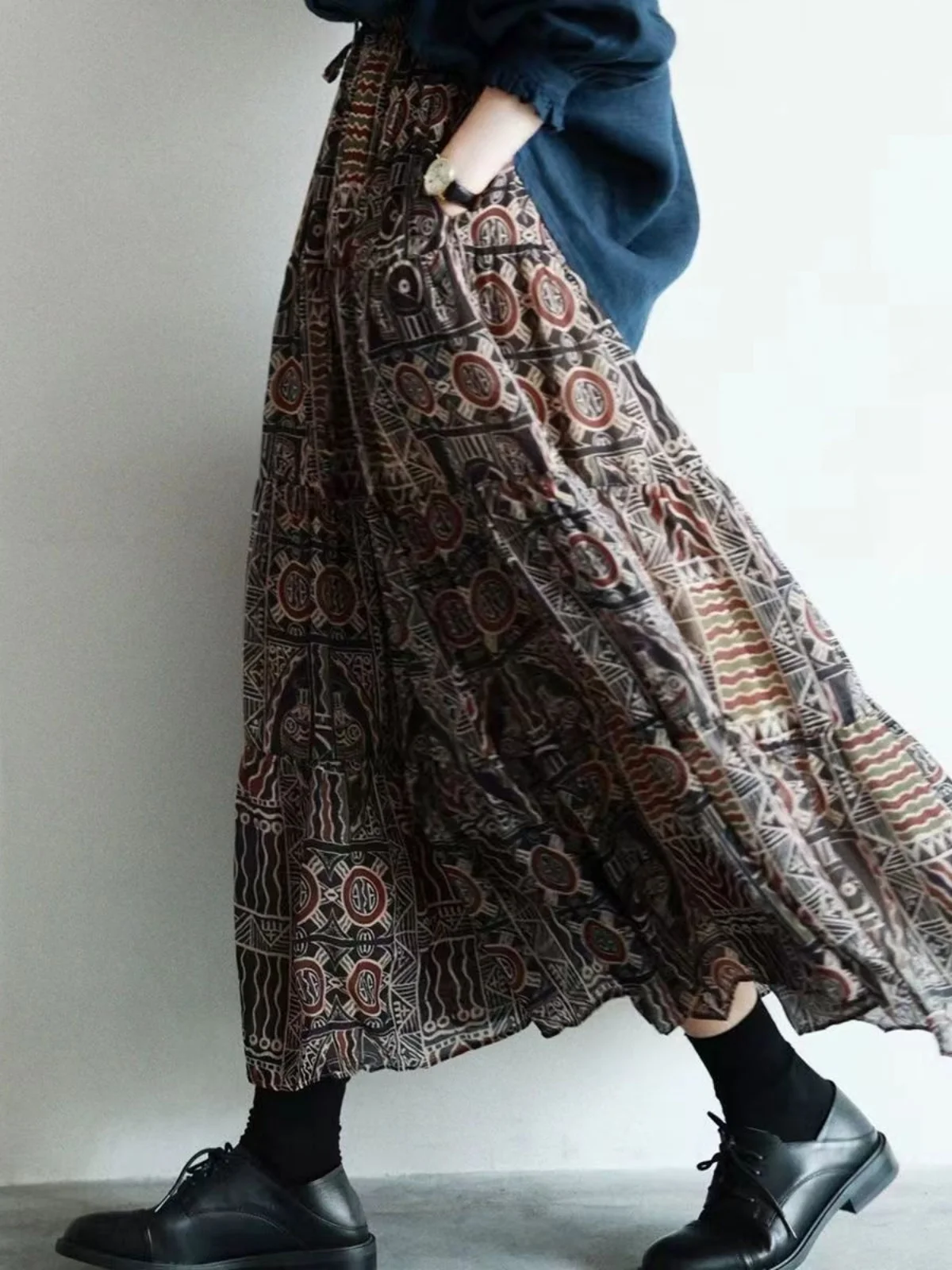 

Женская макси-юбка с цветочным принтом, двухслойная миди трапециевидной формы, утягивающая винтажная универсальная юбка для поездок на работу, весенняя готовая