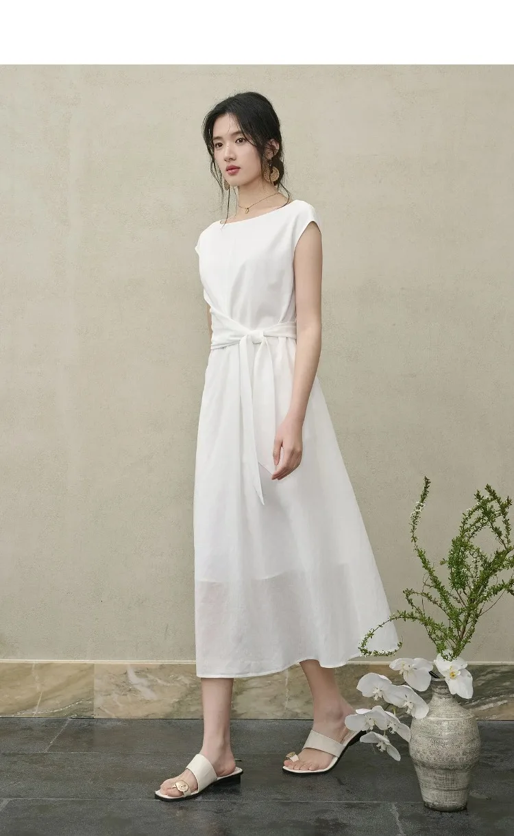 SENTUBILA Damen Weißes Freizeitkleid im A-Linien-Schnitt 2026 Neues Elegantes Bürokleid mit U-Ausschnitt, Taillenband und Raglan-Kurzärmeln 162LI6088 – Detail 11