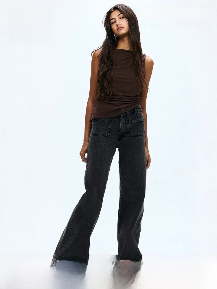 

High Waist Wide Leg Denim Jeans Women's Fashion Washed Summer Trousers Straight Cut Cotton Blend Elastic Youth Ladies