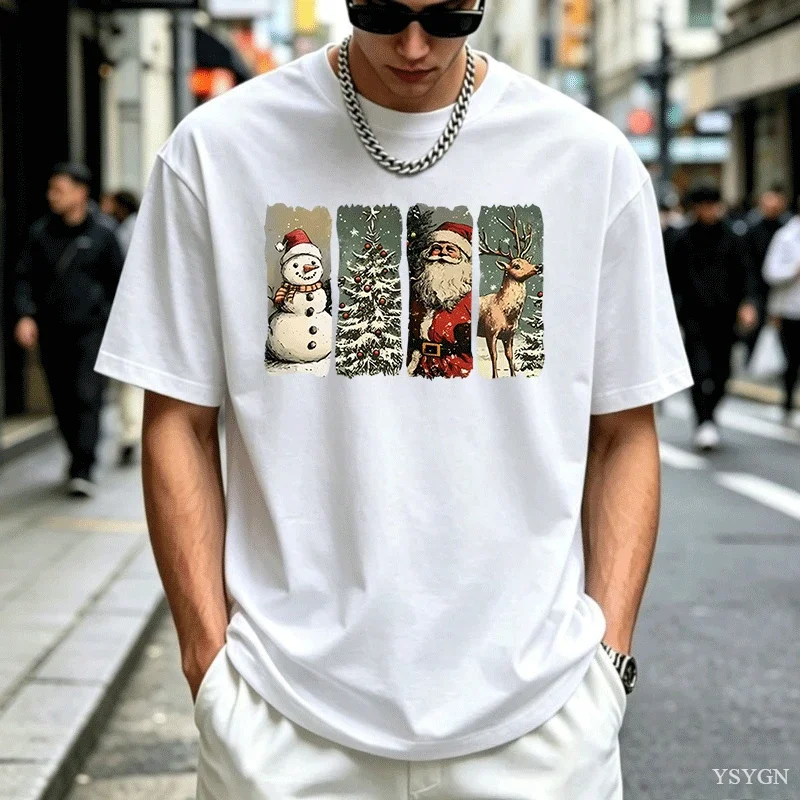 Merry Christmas Retro Holiday Men's T Shirt Santa Claus Snowman Reindeer Tree Vintage Washed Breathable Soft Slightly Tops