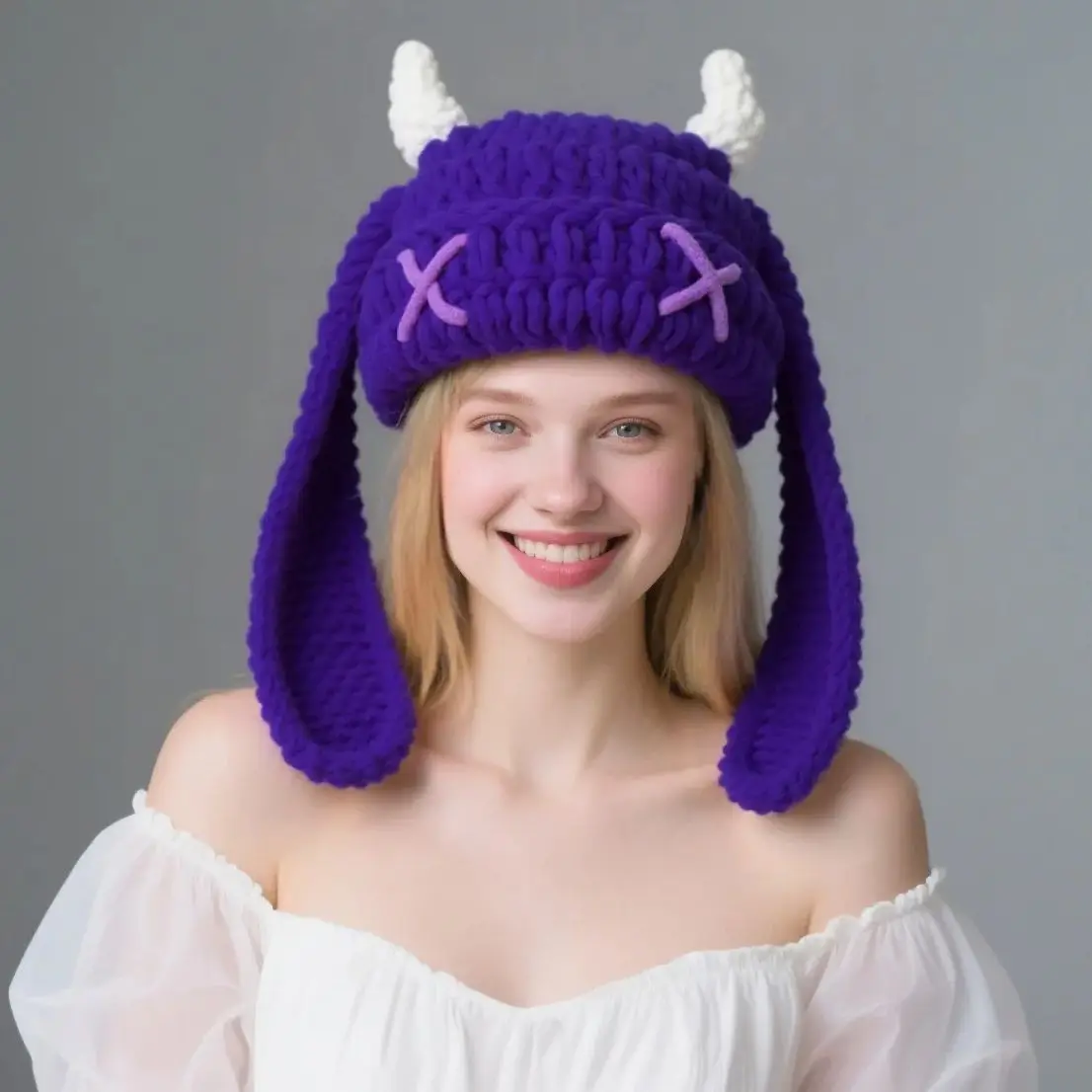Handmade Devil Horn Knitted Hat Warm Wool Pullover with Cute Ears Funny Style in Stock