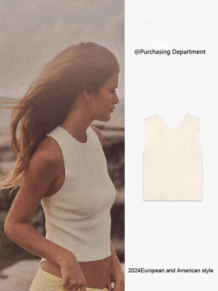 

Новый летний женский вязаный топ без рукавов с круглым вырезом и разрезом на спине, облегающий, в повседневном стиле, короткий, цветной