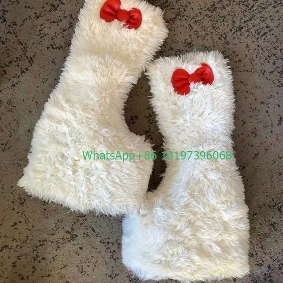

Lady white fur bow tie design wedge boots y2k style punk Mary Jane shoes high heels boots platform deisgn feather boots size 46
