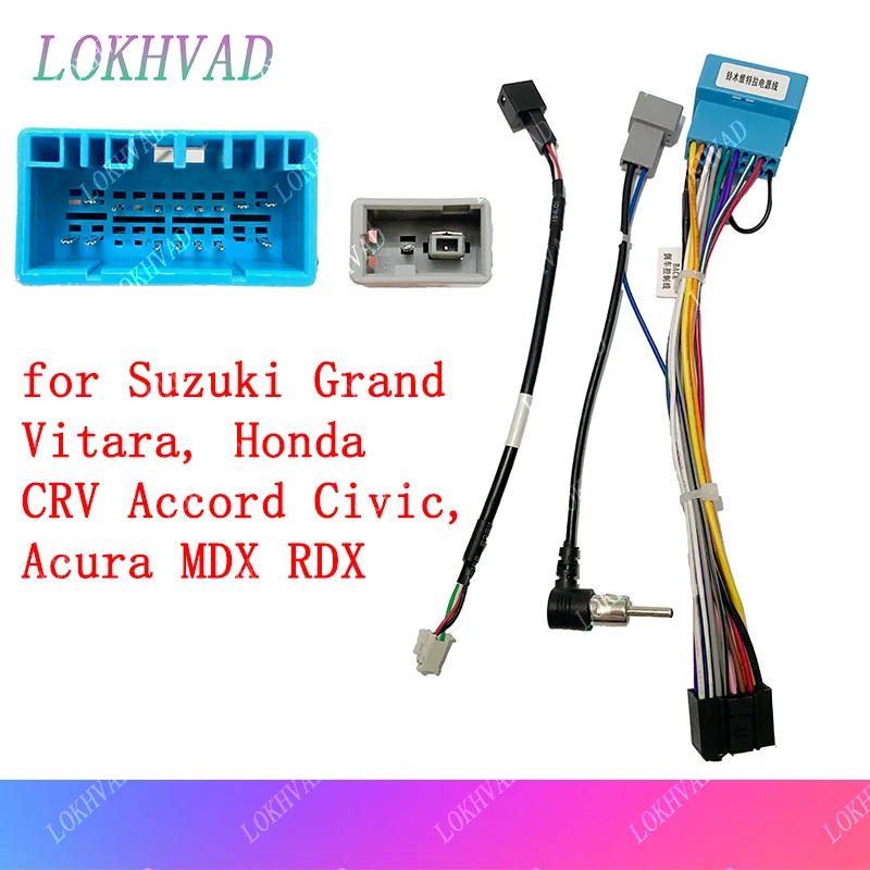 Radio Wiring Harness, 16 Pin Connector Cable Adapter, for Suzuki Grand Vitara, Honda CRV Accord Civic, Acura MDX RDX