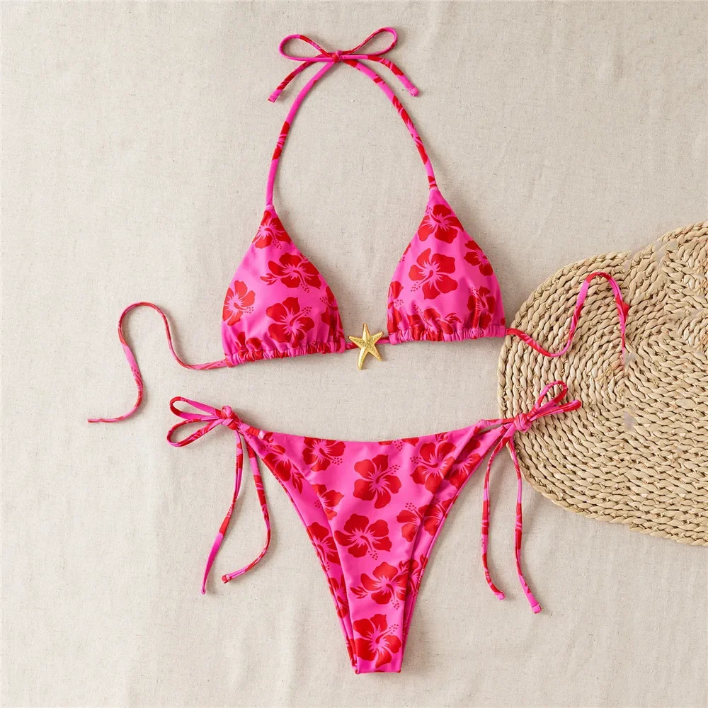 

Холтер-стринги треугольник металлический морская звезда бикини микро стринги сексуальный купальник женский 2025 розово-красный цветочный принт купальники комплекты бикини