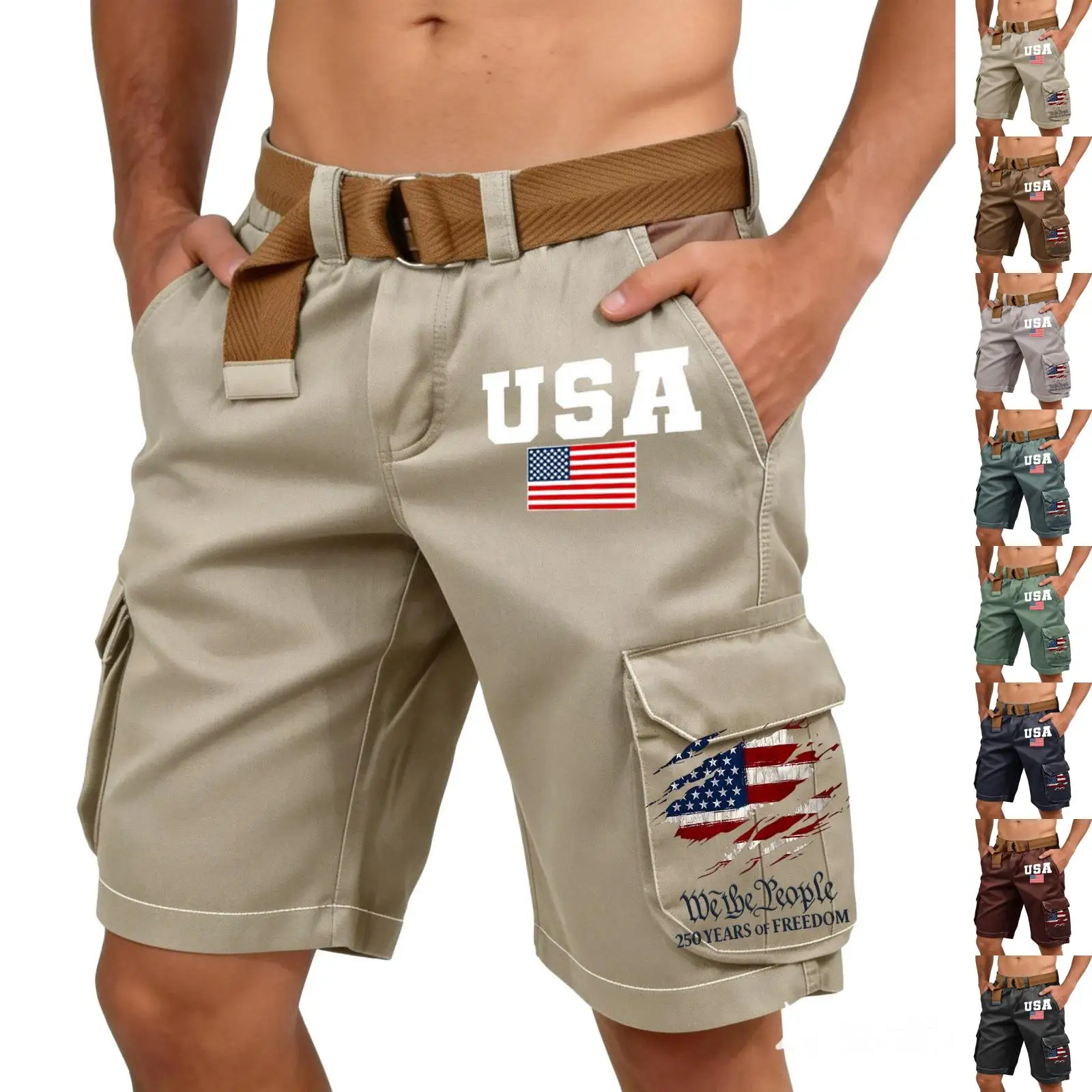

Мужские шорты-карго на День независимости, повседневные спортивные шорты с несколькими карманами и поясом, однотонные летние шорты для активного отдыха и походов