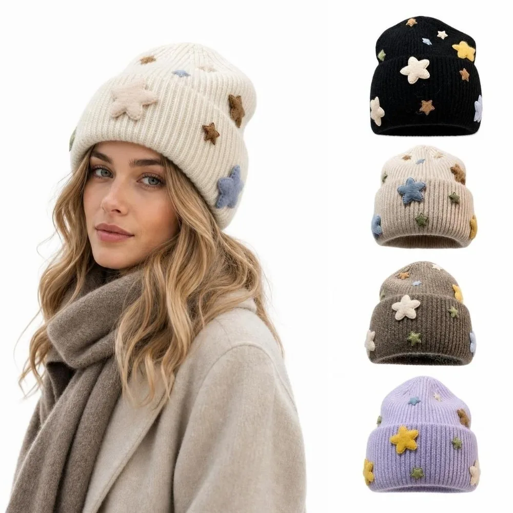 Cute 3D Star Knitted Beanie Hat Acrylic Blend Real Rabbit Fur Rabbit Fur Hat Windproof Thick Thermal Fuzzy Beanie For Women