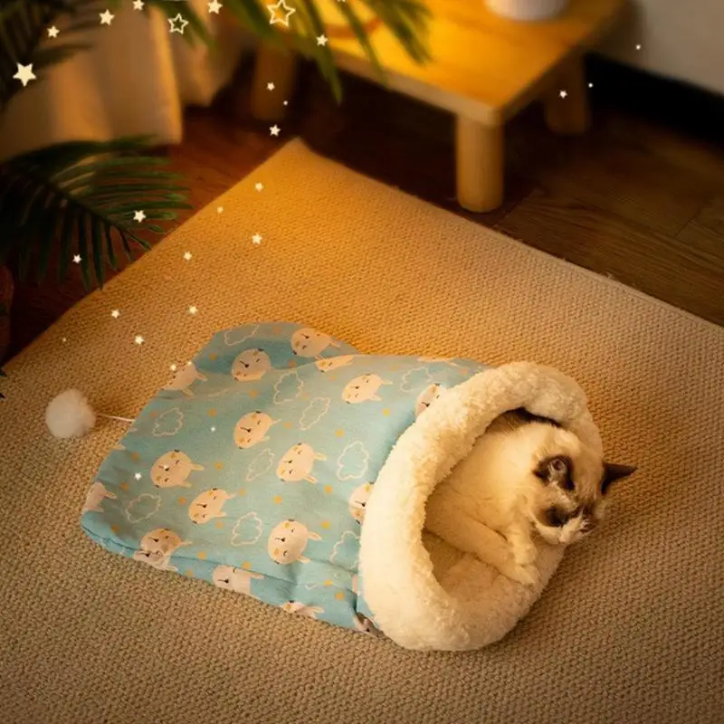 

Cat Sleeping Bag Semi-Closed Cozy Calming Cat Bed With Tail Ball Cat Hideaways Comfortable Pet Snuggle Sack For Indoor Cats For