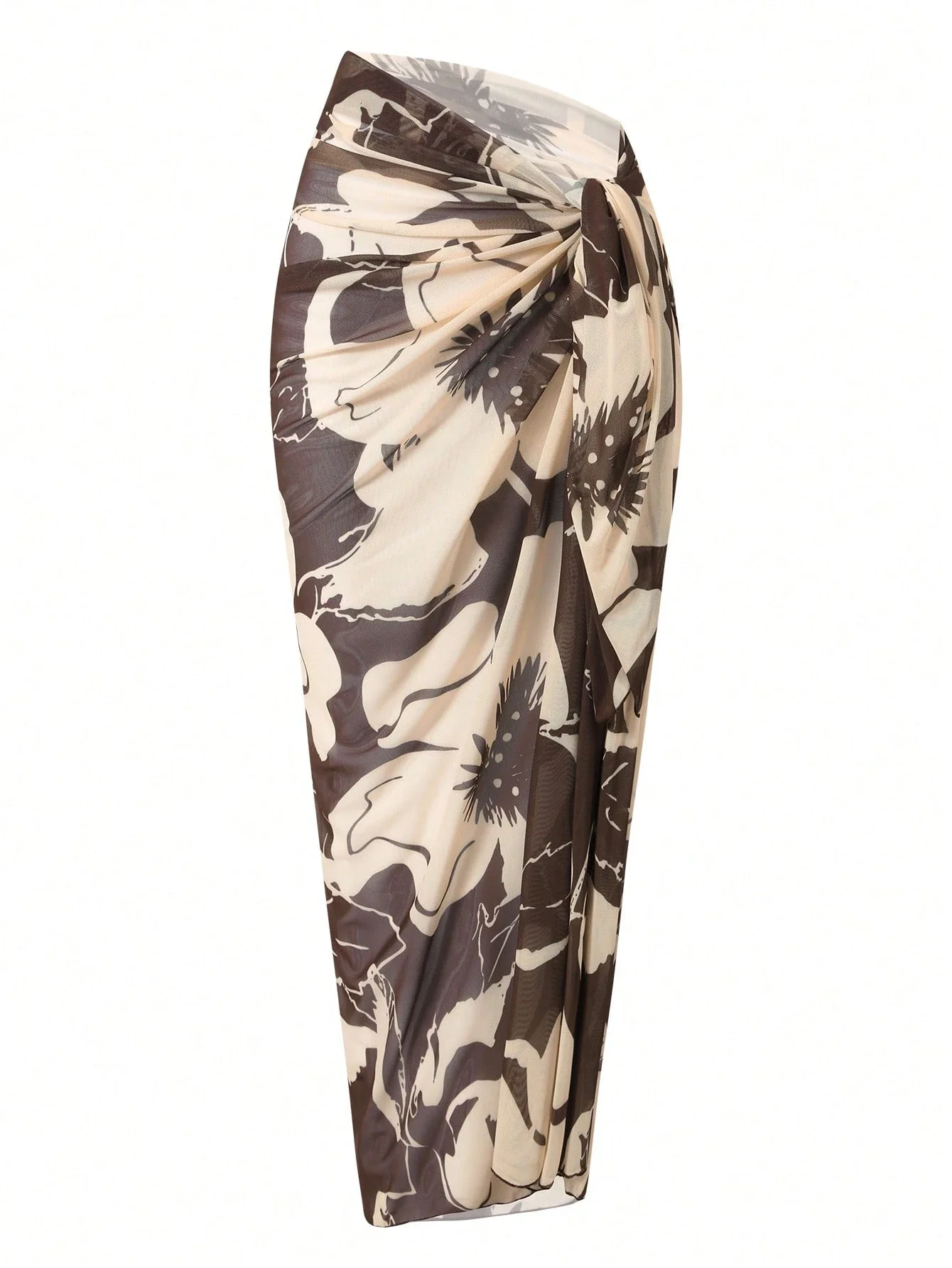 

Brown Beaded Spaghetti Strap Hollow-Out Swimsuit With Floral Print Long Beach Cover-Up Dress