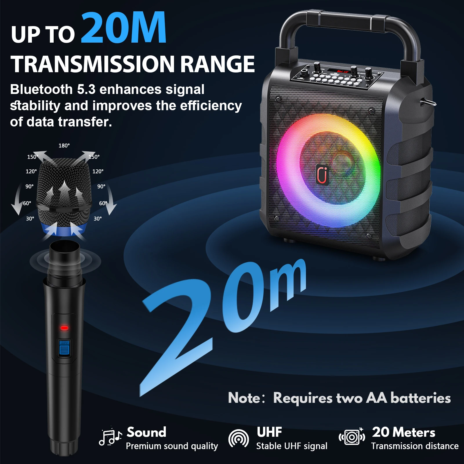 Bluetooth-karaokemachine, karaokesysteem voor thuis met 2 draadloze microfoons, draagbare feestluidspreker met LED-licht