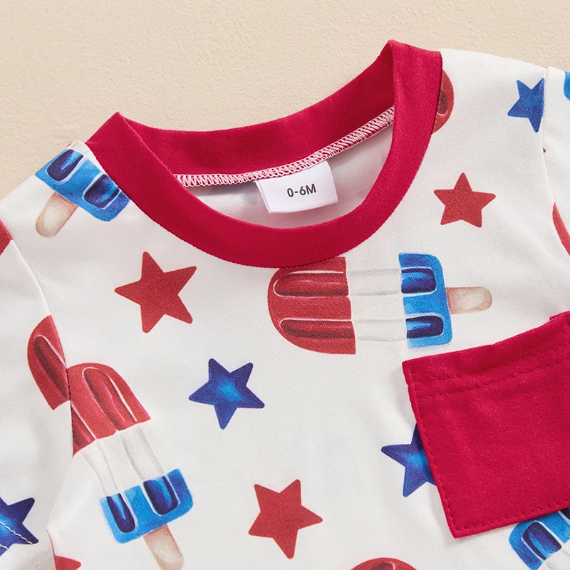 Lioraitiin ToddlerBaby Boy 4th of July Outfits Star Popsicle Print Short Sleeve Tops + Elastic Waist Shorts Independence Day Set