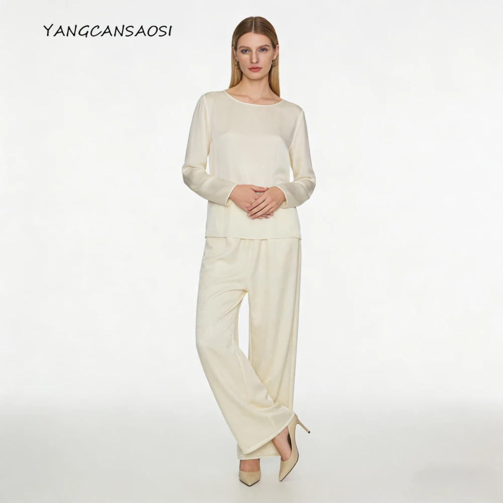 

2025 Women's Autumn/Winter Clothing Natural Mulberry Silk Wool Blended Elastic Waistband Hanging Sensation Straight-leg Pants