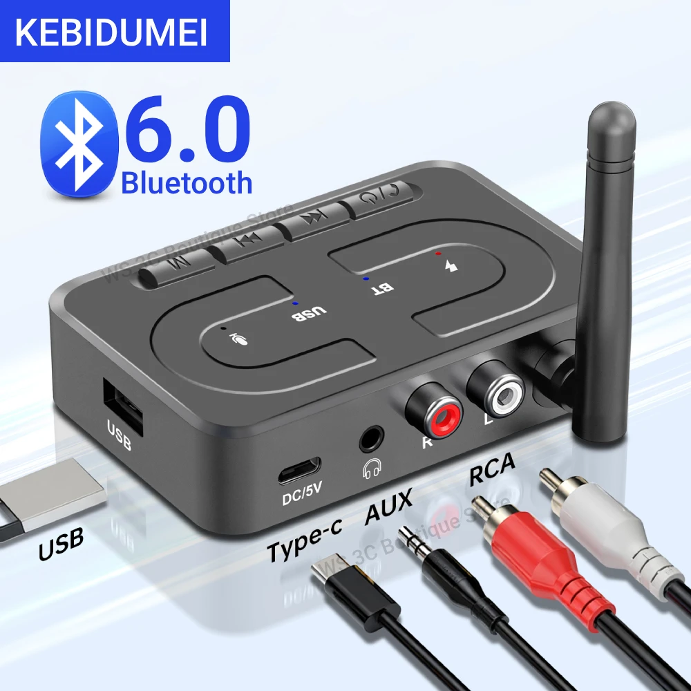 Bluetooth 6.0 Audio Receiver USB U-Disk Music Wireless Adapter With HD Mic Antenna 3.5mm AUX RCA HIFI Stereo For Car Speaker Amp