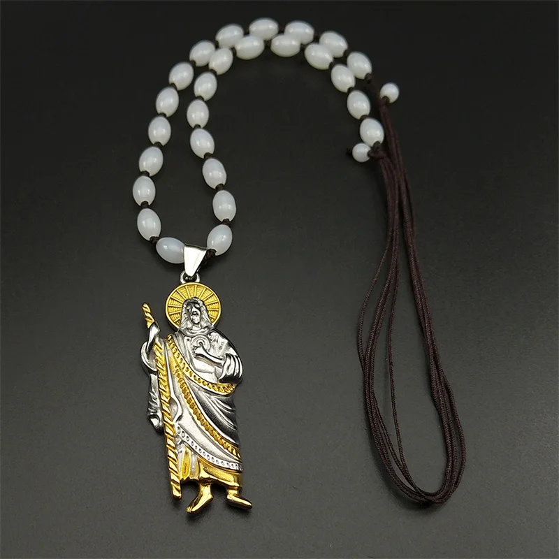 San Judas Tadeo Car Pendant for Men Women Stainless Steel Gold Silver Color Saint Jude Thaddeus Glass Beads Chain Amulet Jewelry