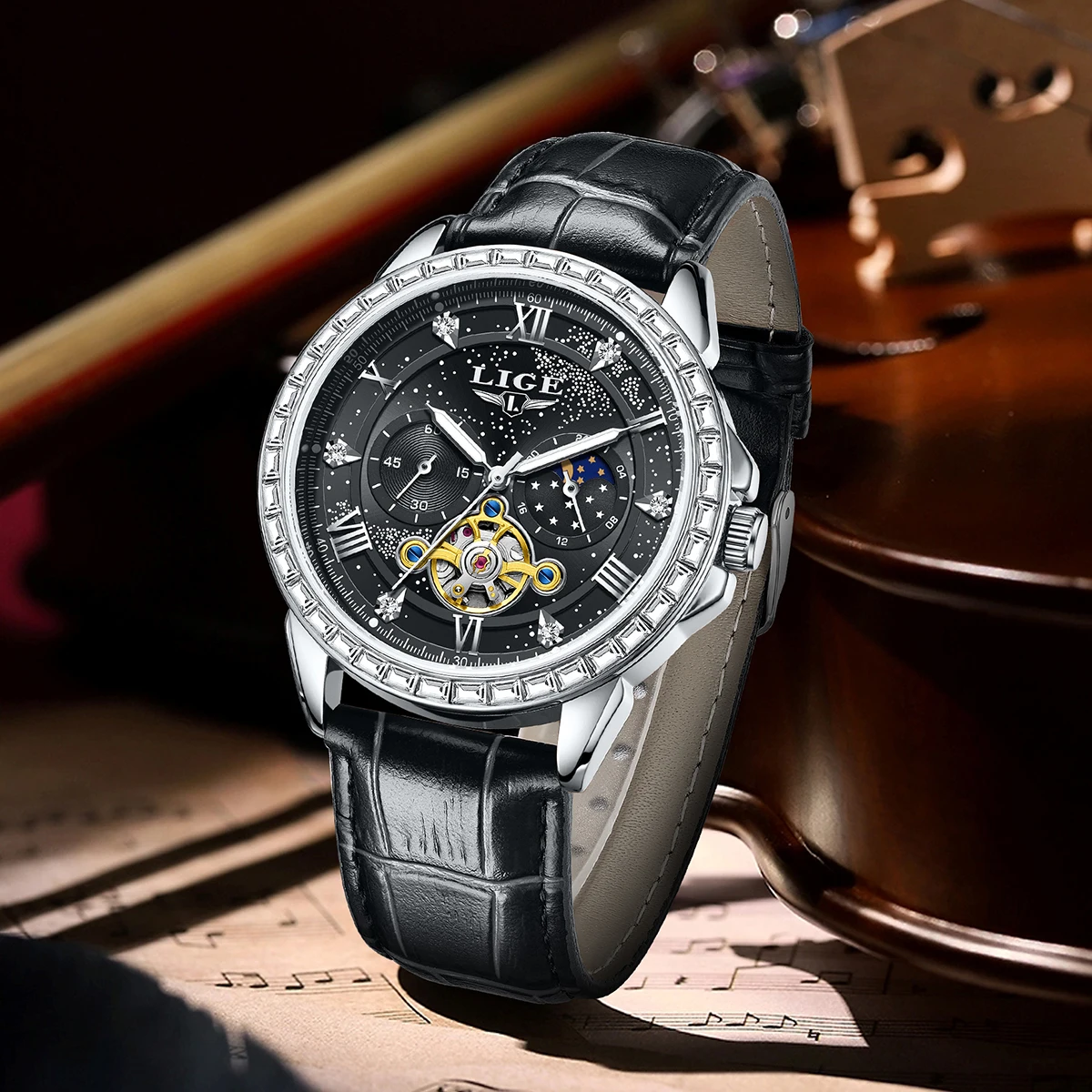 LIGE Men's Watch Fashion Moon Phase Mechanical Watch For Men Waterproof Roman Scale Hollow Flywheel Automatic Hand Clock