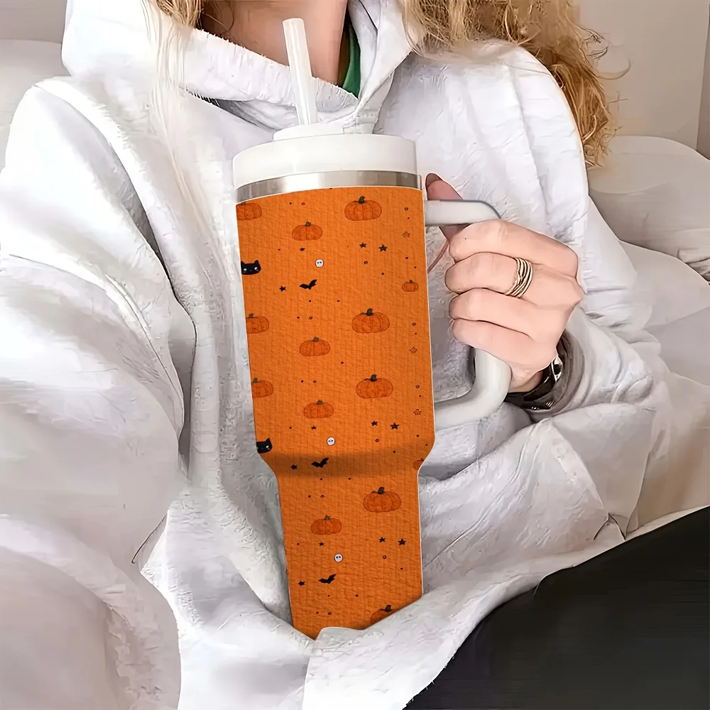 1ps Halloween and Christmas 40oz Insulated Stainless Steel Tumbler with Handle and Straw, Cute Spooky Pumpkin Black Cat Pattern Reusable Water Cup for Home Office Outdoor Travel Party Daily Use