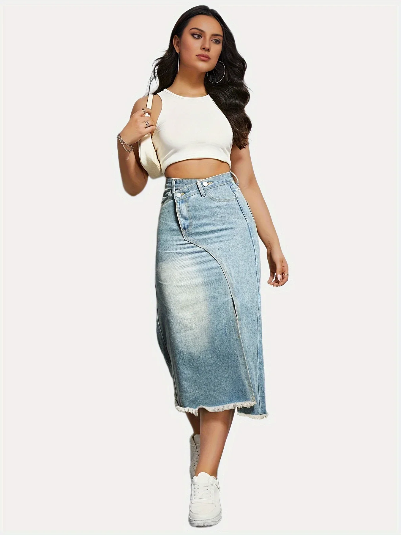 Women Skirts Denim Dress Wrap Buttocks High Street Sexy Solid Patchwork Spliced Ankle Length Slim Fit Pockets Slight Strech