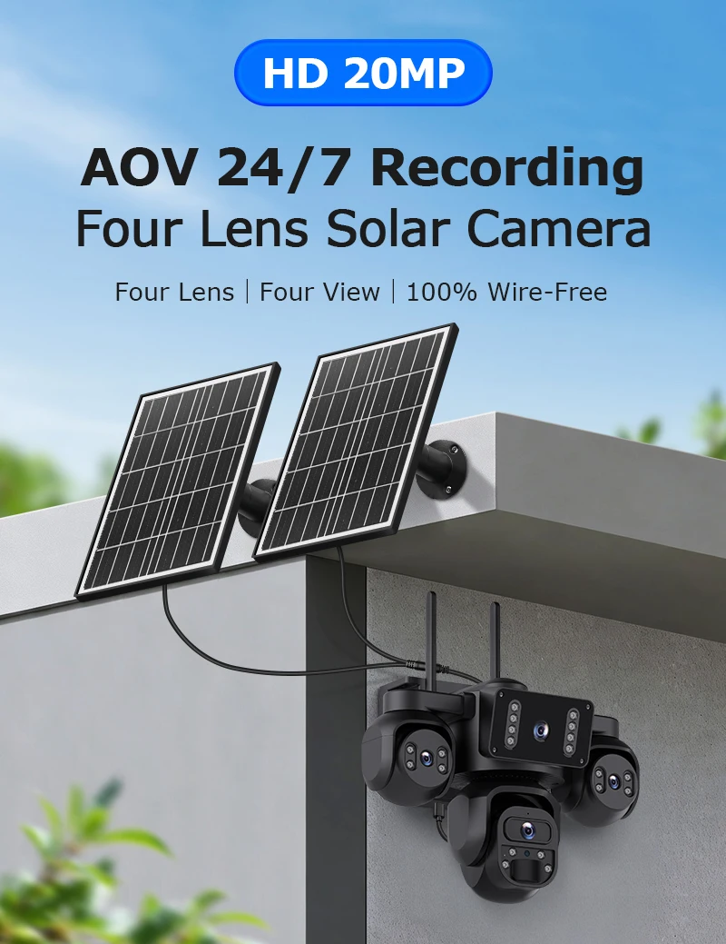 OKAM PRO 20100 MAh Battery Solar Camera Quad Lens HD 20MP 4G Camera AOV 24/7 Online Recording Outdoor Waterproof Night Vision