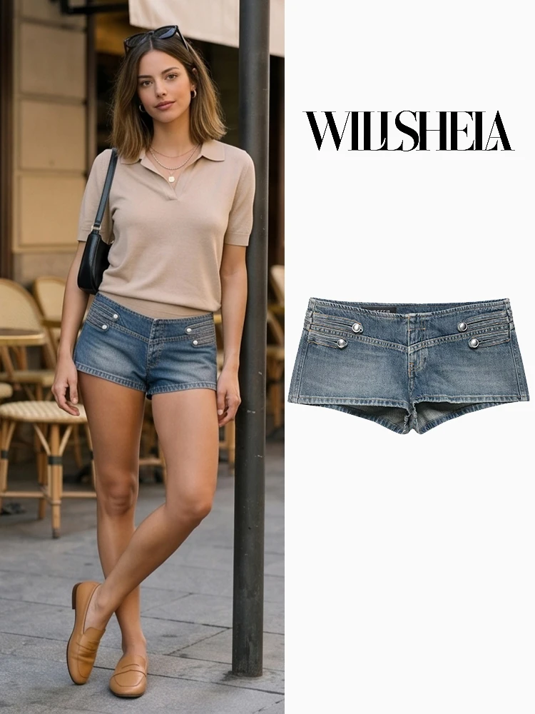 

Willshela Women Fashion With Button Denim Blue Front Zipper Mini Shorts Vintage Low Waist Female Chic Lady Shorts