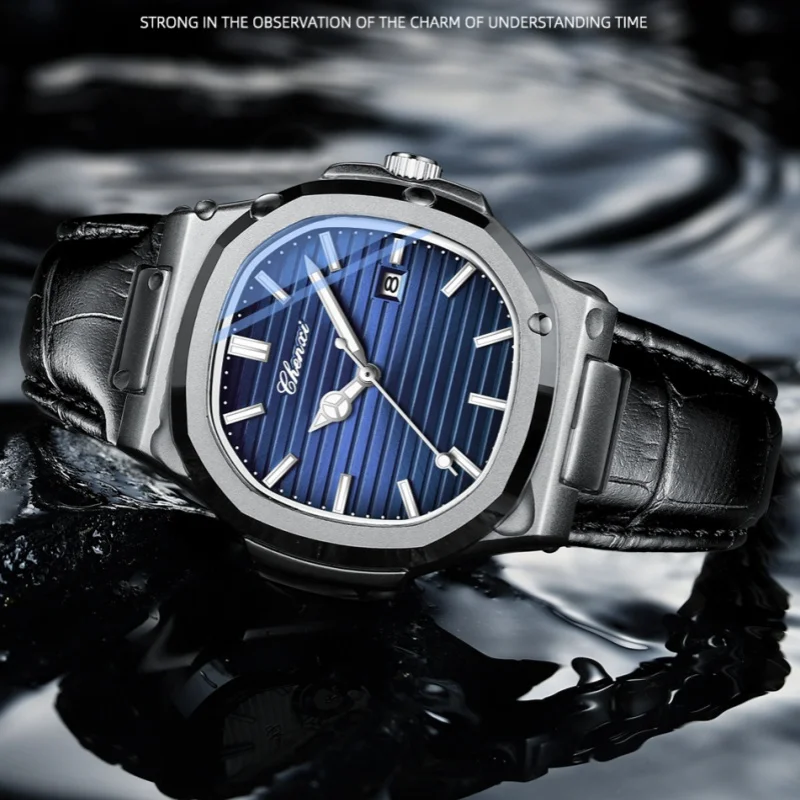 Мужские кварцевые наручные часы с кожаным ремешком и датой