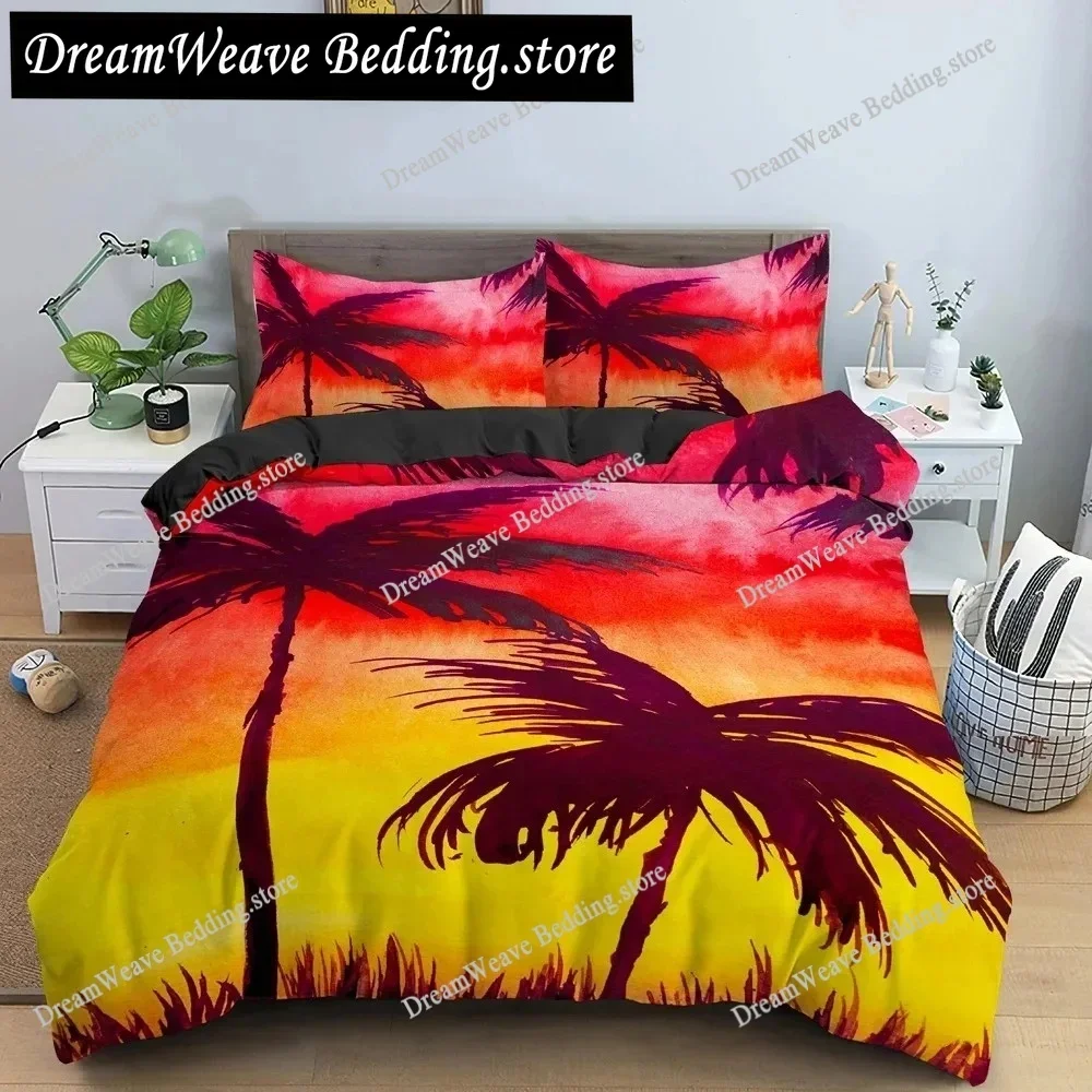 Tropical Coconut Palm Tree King Queen Duvet Cover Hawaii Seaside Sunset Bedding Set Sunrise Plant Polyester Quilt Cover963