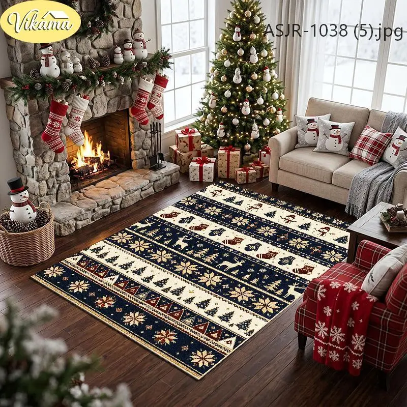 VIKAMA Christmas Fair Isle Area Rug Crystal Velvet Living Room Carpet Non Slip Blue Snowflake Reindeer Pattern Bedroom Floor Mat
