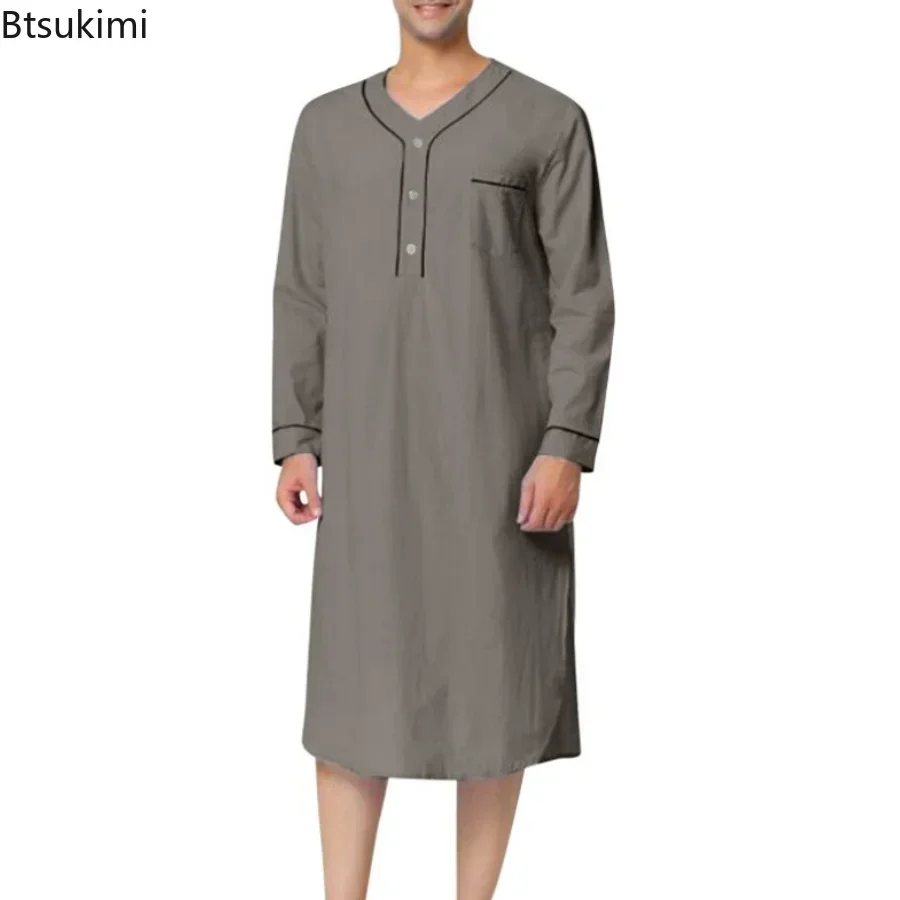 New 2025 Men Jubba Thobe Solid Color Pajamas Fashion Solid Loose Muslim Robe Long-sleeved Nightgown Bathrobes Mens Muslim Kaftan