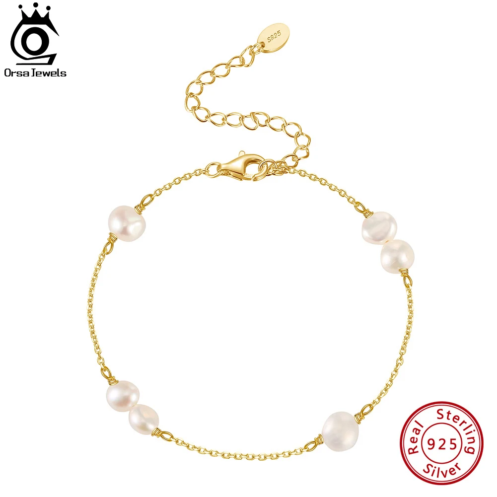 

ORSA JEWELS Freshwater Cultured Pearls Chain Bracelet for Women Fashion 925 Sterling Silver Baroque Pearl Hand Bracelet GPB27